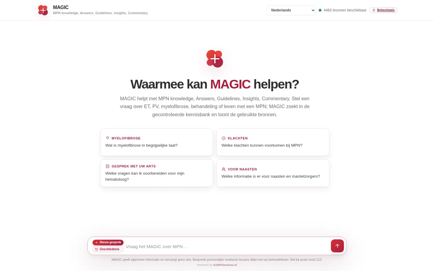 De MAGIC-projectinterface met kennisvragen, bronverwijzingen en een invoerveld